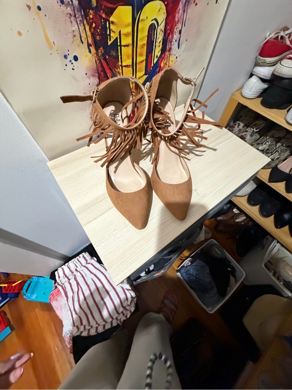 Women’s Tan Fringe Ankle-Strap Pointed Flats